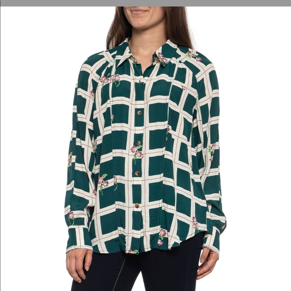 Free People Green Floral Printed Blouse